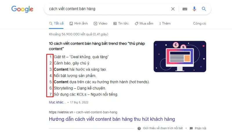 Featured Snippet danh sách có thứ tự