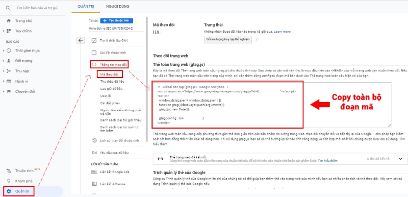 Lấy mã theo dõi Google Analytics