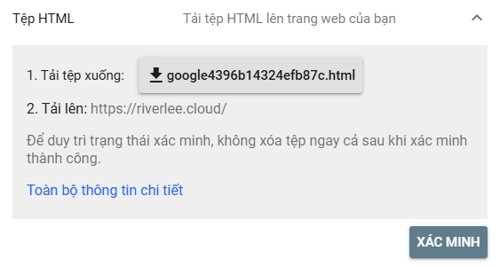 Xác minh Google Search Console bằng cách tải lên tệp HTML xác minh