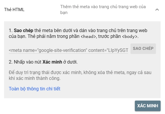 Xác minh Google Search Console bằng thẻ HTML