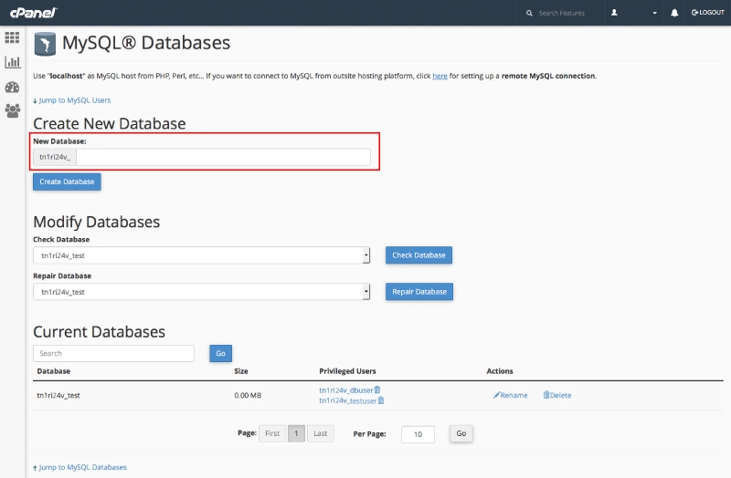 Tạo database mới